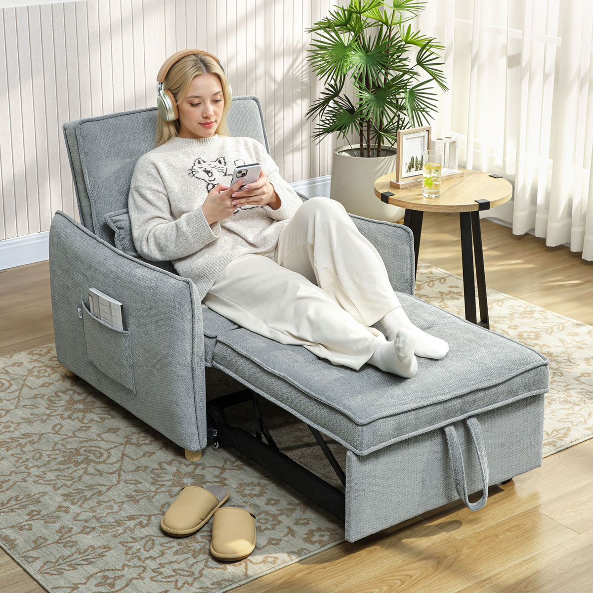 Fauteuil convertible 1 place 3 en 1, fauteuil-lit clic-clac en chenille, assise large dossier réglable, 88x84x87cm, gris-1
