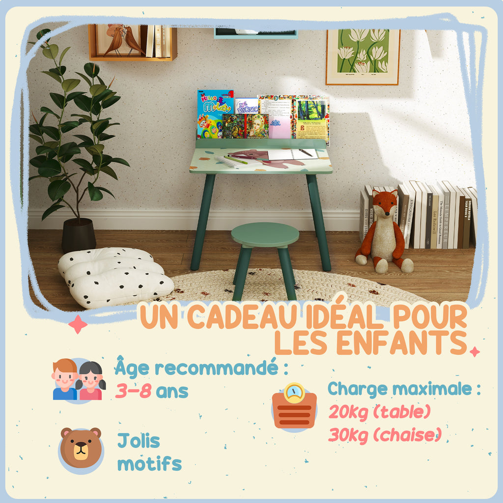 Ensemble table et chaise enfant table pour enfant avec chaise avec porte-livres motifs d'ours pour enfants 3-8 ans vert-6