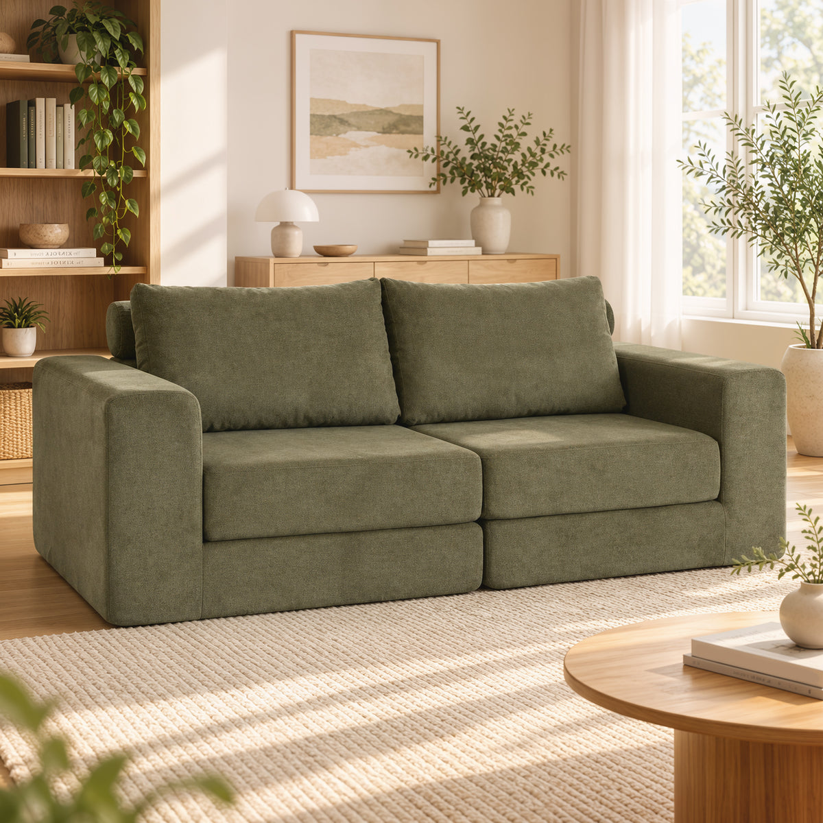 Canapé Convertible 2 Places 4 en 1, Canapé-Lit Compressé en Chenille 208 cm avec Assise Large, 2 Oreillers, Vert-1