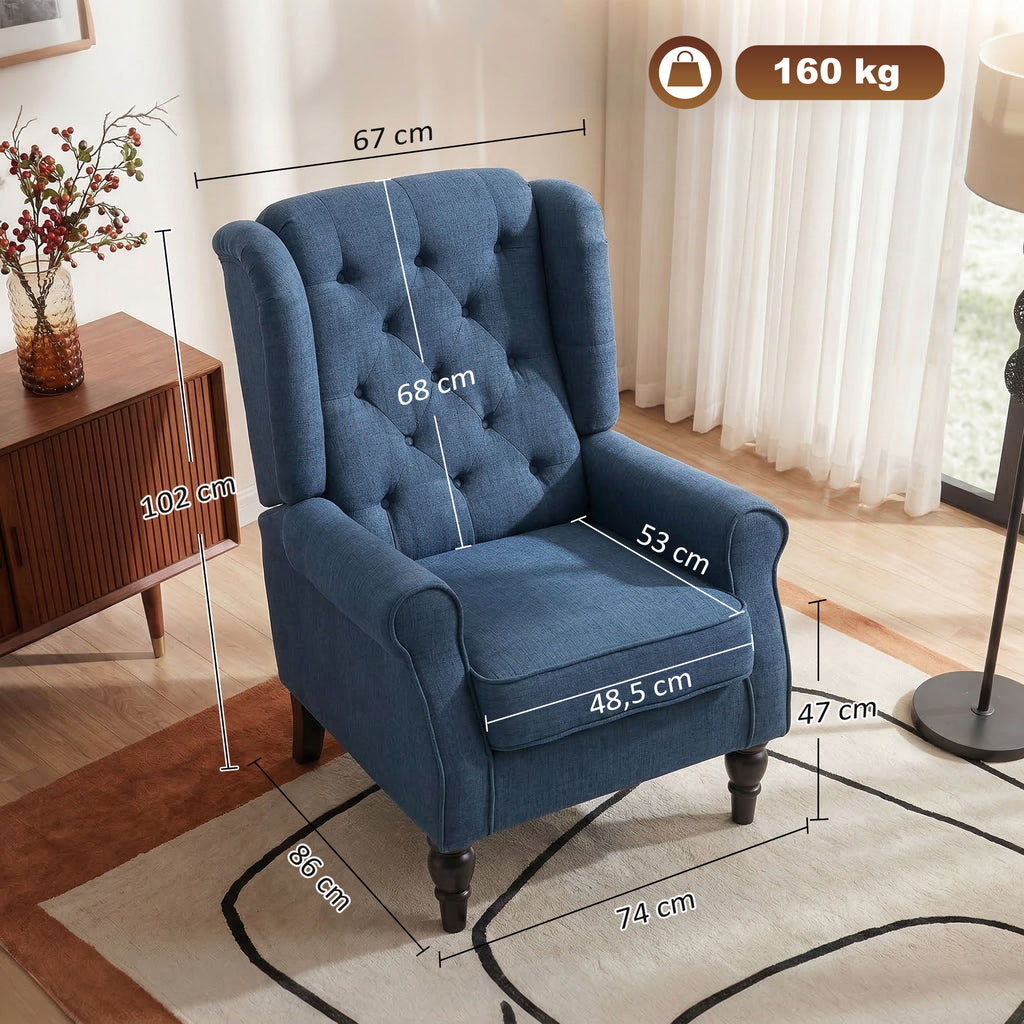Fauteuil de Salon, Fauteuil Capitonné avec Pieds en Bois, Assise Large, Grand Confort, Classique, 74x86x102cm, Bleu-2