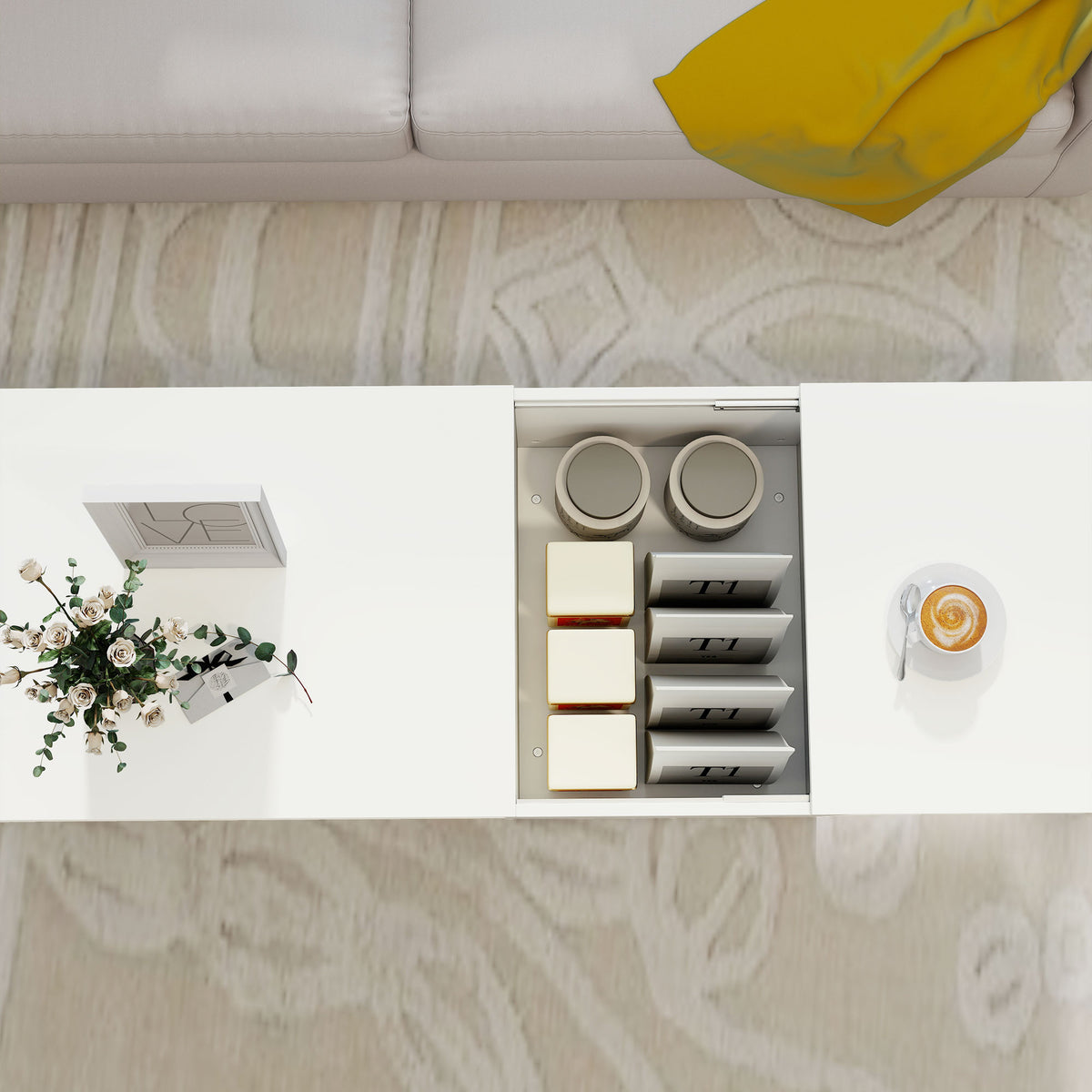 Table basse rectangulaire, table d'appoint plateau coulissant, rangement caché, étagère ouverte, 110 x 52 x 36 cm, blanc-7