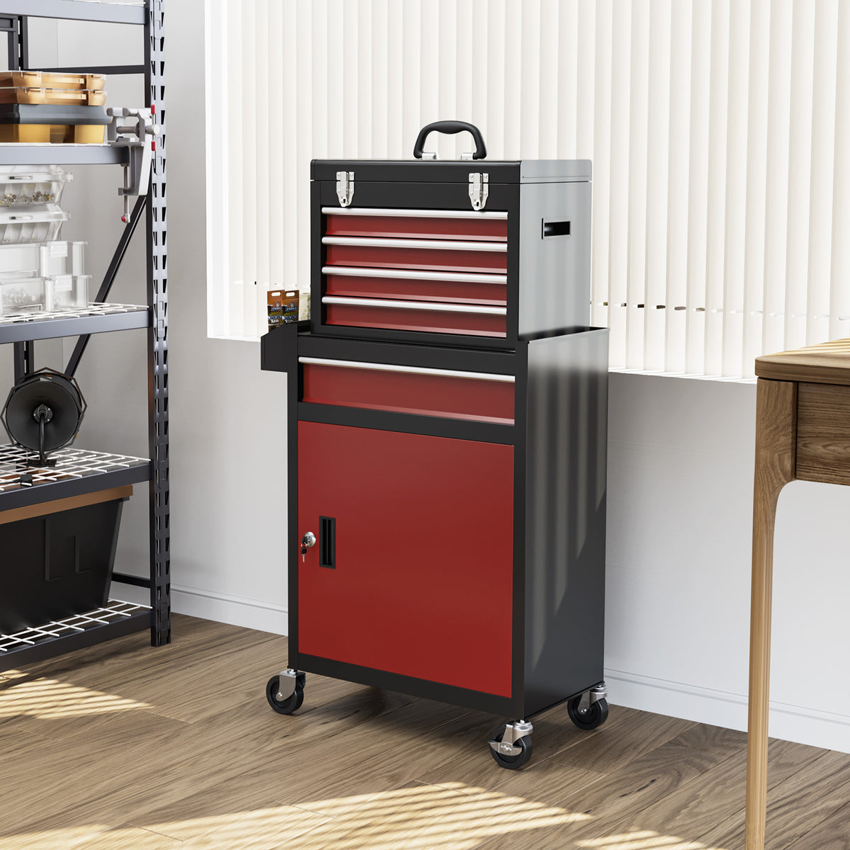 Armoire à outils verrouillable sur roulettes avec 5 tiroirs et armoire, sur roulettes pour l'atelier et la maison, rouge-1