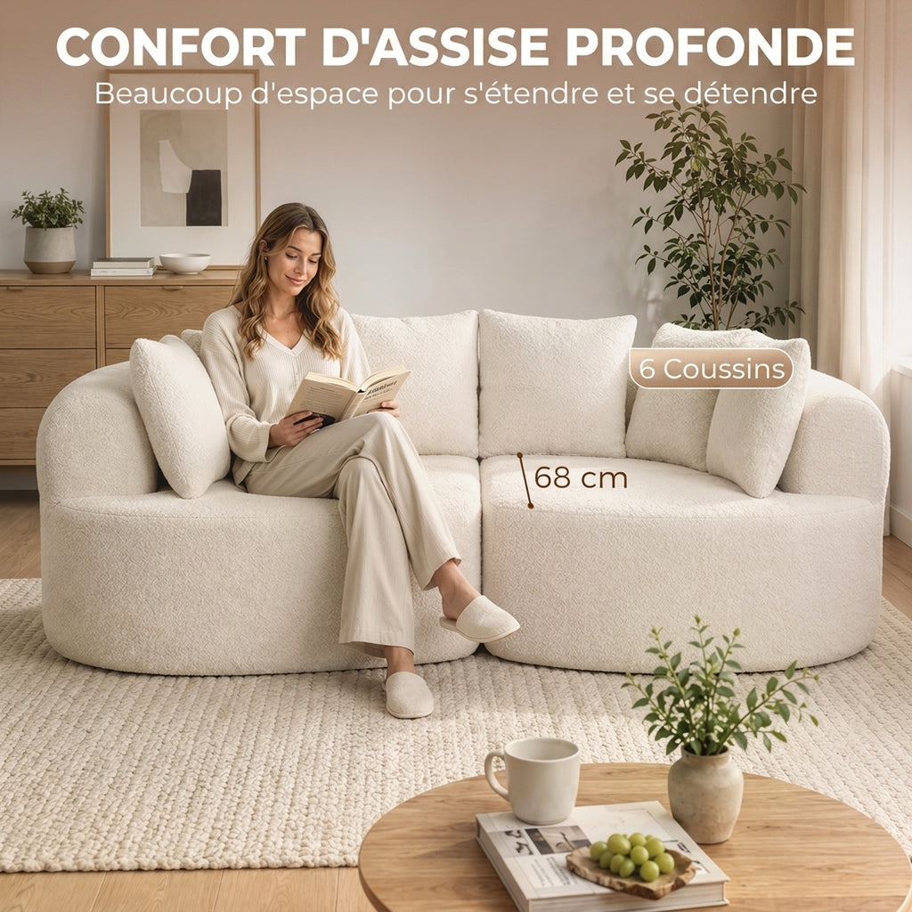 Canapé 3 Places Incurvé en Chenille 188 cm, Canapé Salon avec Assise Profonde, 6 Coussins, Rembourrage Épais, Crème-3