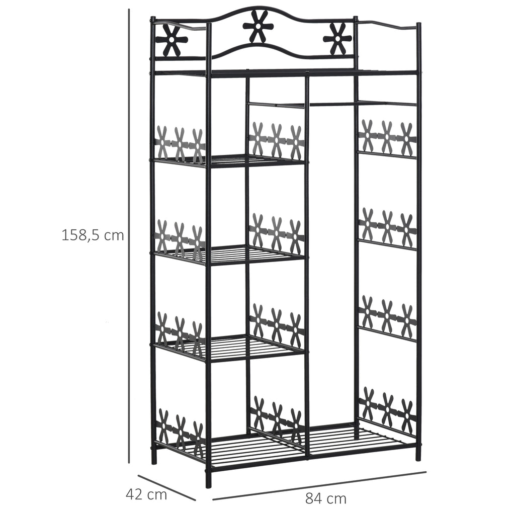 Armoire Chambre adulte Penderie Vêtement Dressing Multi Rangements 5 étagères 84L x 42l x 159H cm métal Noir 2 Rideaux Blanc-2
