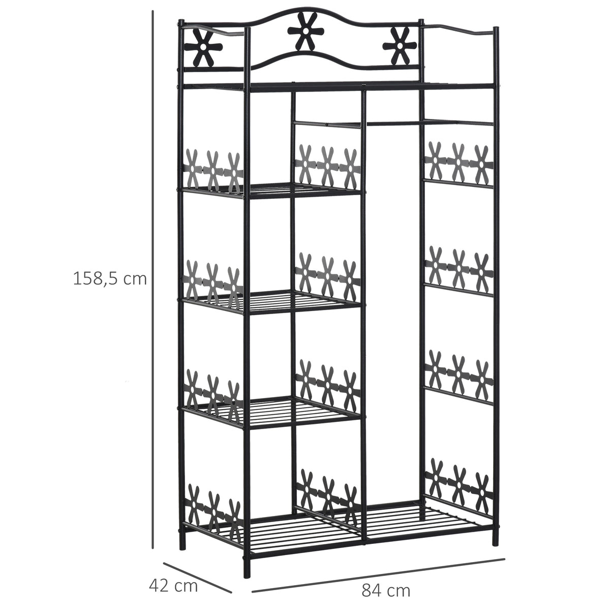 Armoire Chambre adulte Penderie Vêtement Dressing Multi Rangements 5 étagères 84L x 42l x 159H cm métal Noir 2 Rideaux Blanc-2