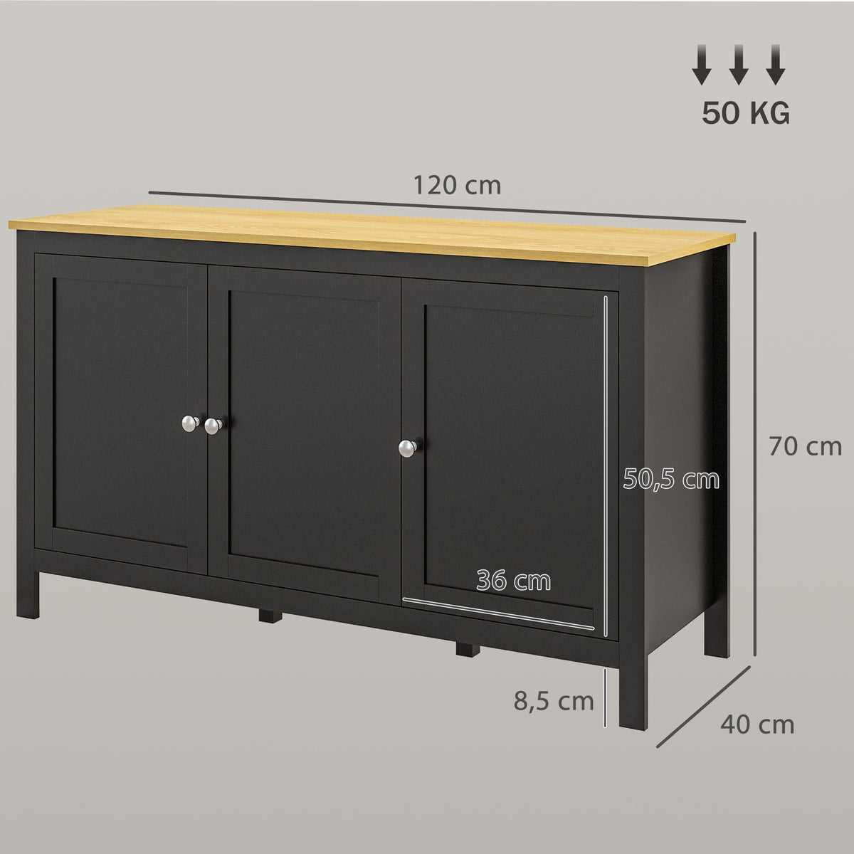 Buffet meuble de rangement avec 3 portes 2 étagères réglables plateau aspect bois clair 120 x 40 x 70 cm noir-2