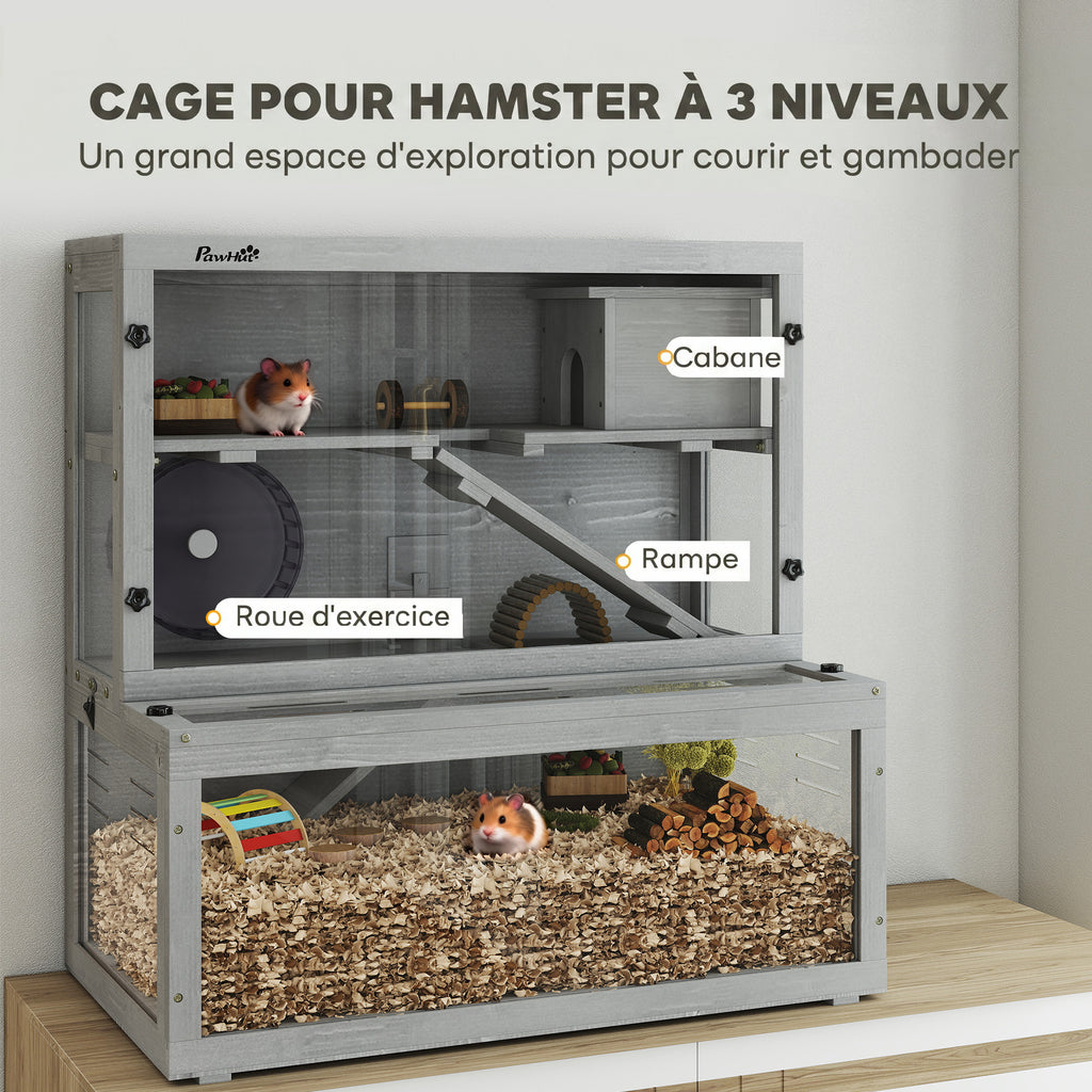 Gabbia per criceti in legno a 3 livelli con casetta e ruota, 80 × 50 × 84 cm, grigia-3