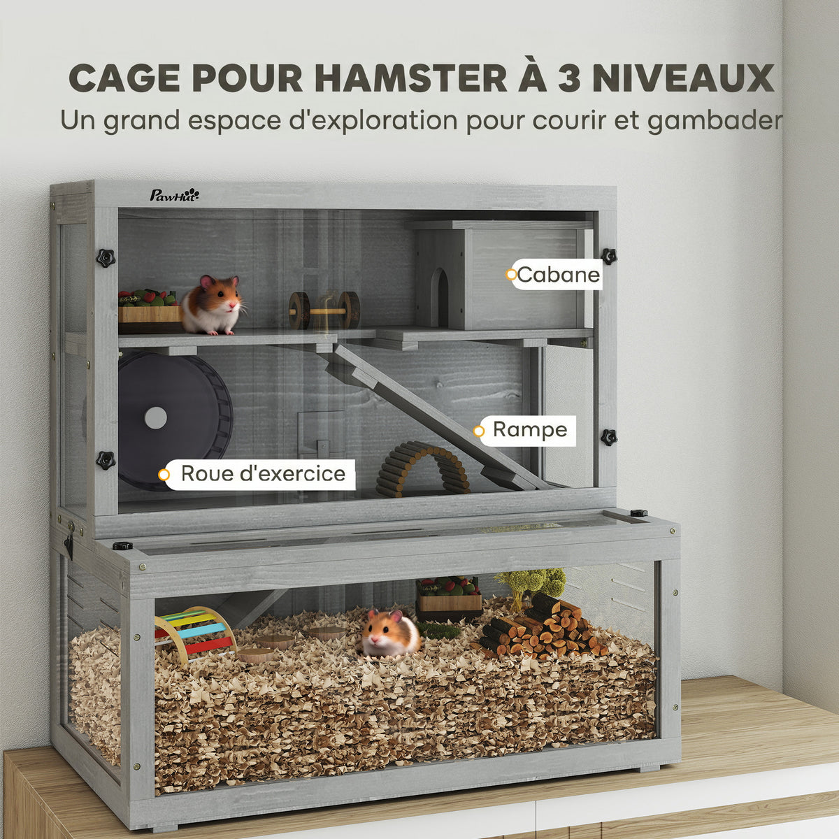 Gabbia per criceti in legno a 3 livelli con casetta e ruota, 80 × 50 × 84 cm, grigia-3