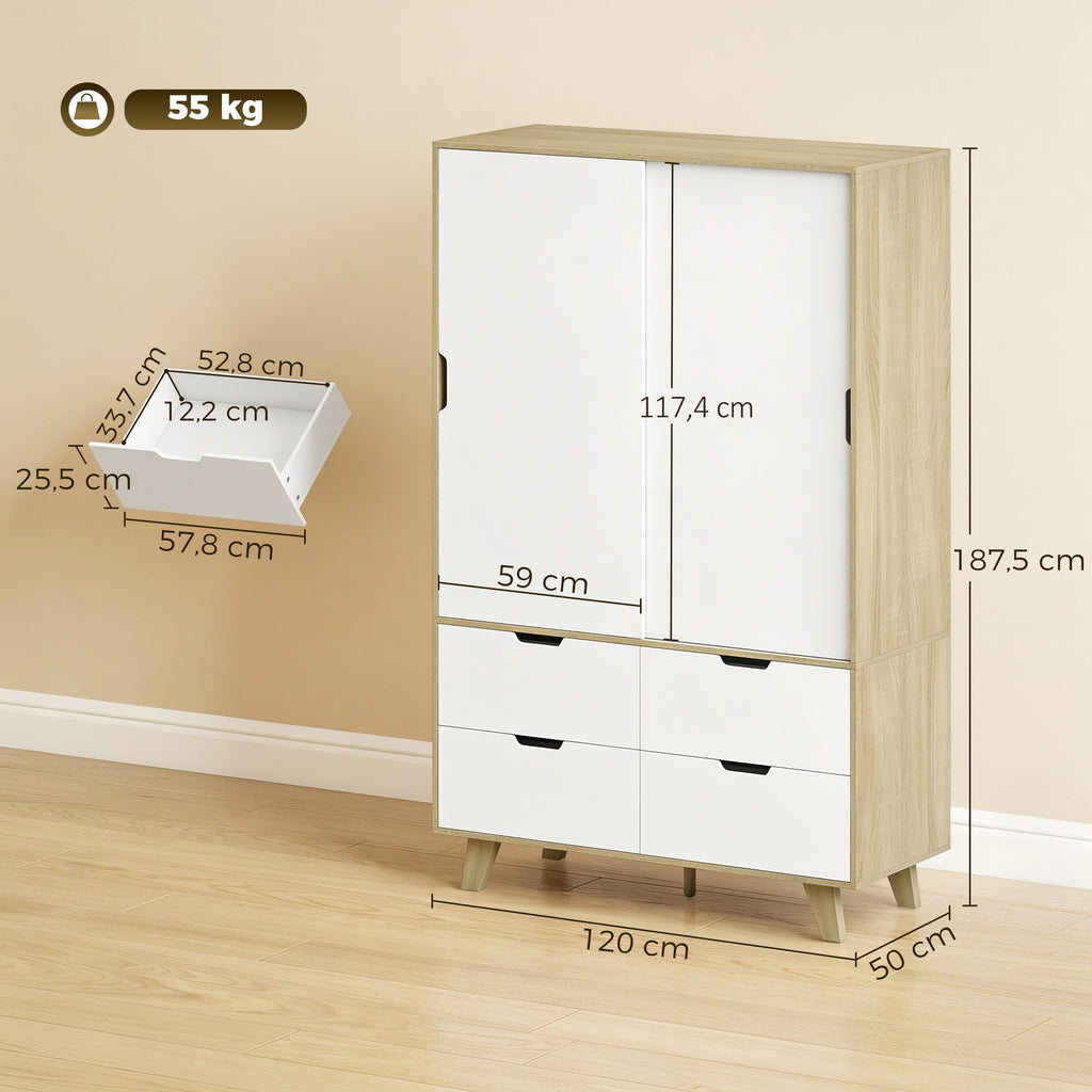 Armoire Chambre Penderie, 2 Portes Coulissantes, 4 Tiroirs, Barre de Suspension, Étagères Réglables, Chêne et Blanc-2