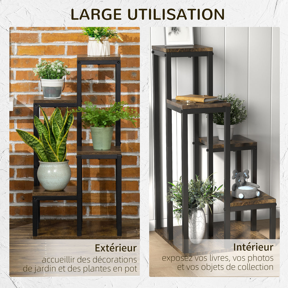 Support pour plantes étagère à fleurs 4 étagères différentes hauteurs structure acier 40 x 40 x 81 cm noir-5