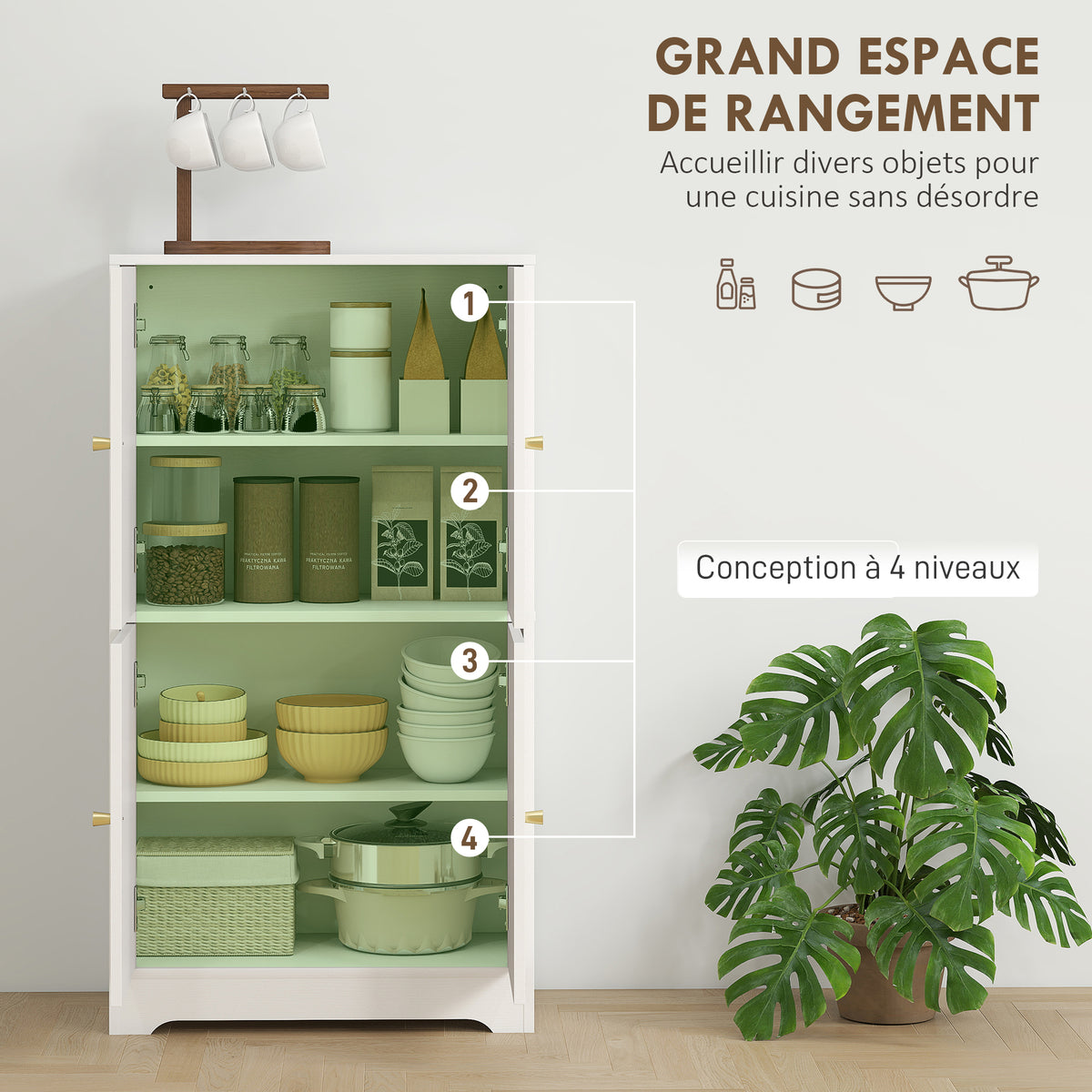 Buffet cuisine, meuble cuisine rangement avec 4 portes cintrées et 2 étagères réglables, 60 x 30 x 110 cm, blanc-4