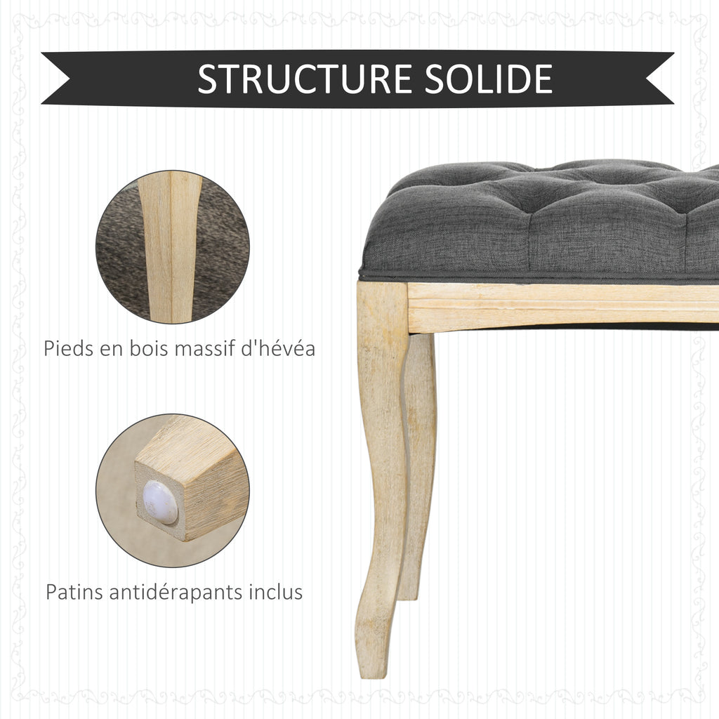 Banc Banquette capitonnée Style Classique 110 cm Bout de lit Rembourrée en lin piètement Bois hévéa sculpté Lin Gris-4