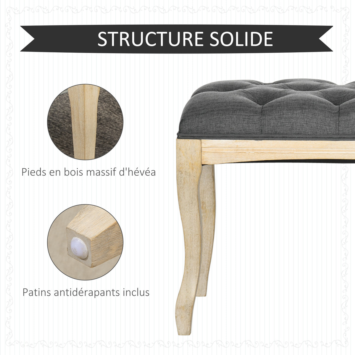 Banc Banquette capitonnée Style Classique 110 cm Bout de lit Rembourrée en lin piètement Bois hévéa sculpté Lin Gris-4