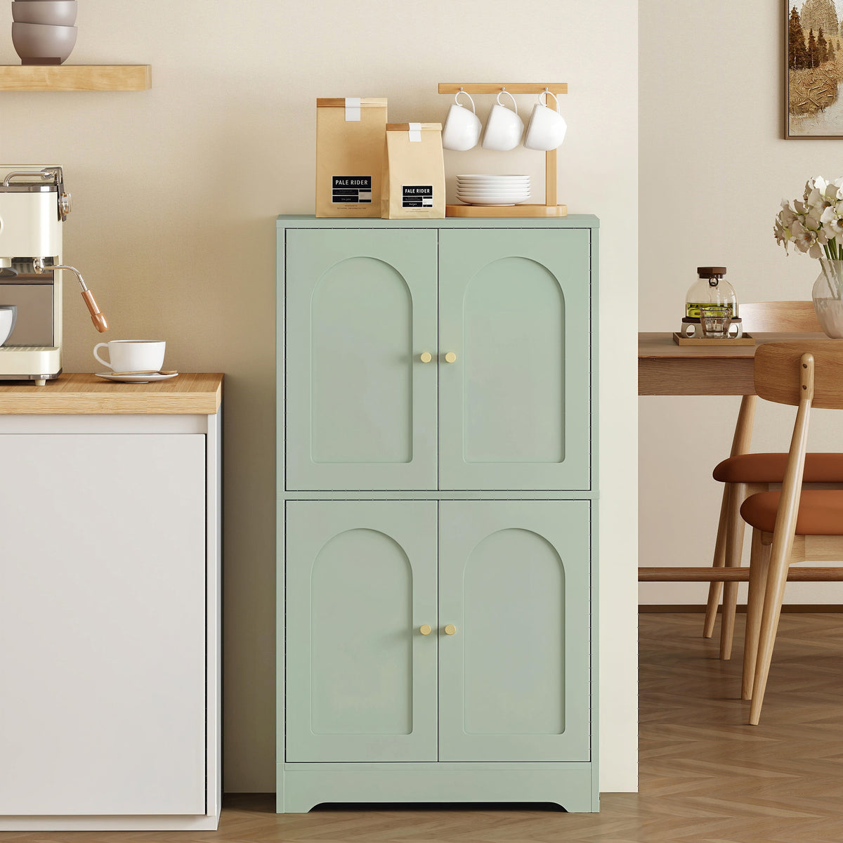 Buffet cuisine, meuble cuisine rangement avec 4 portes cintrées et 2 étagères réglables, 60 x 30 x 110 cm, vert-7
