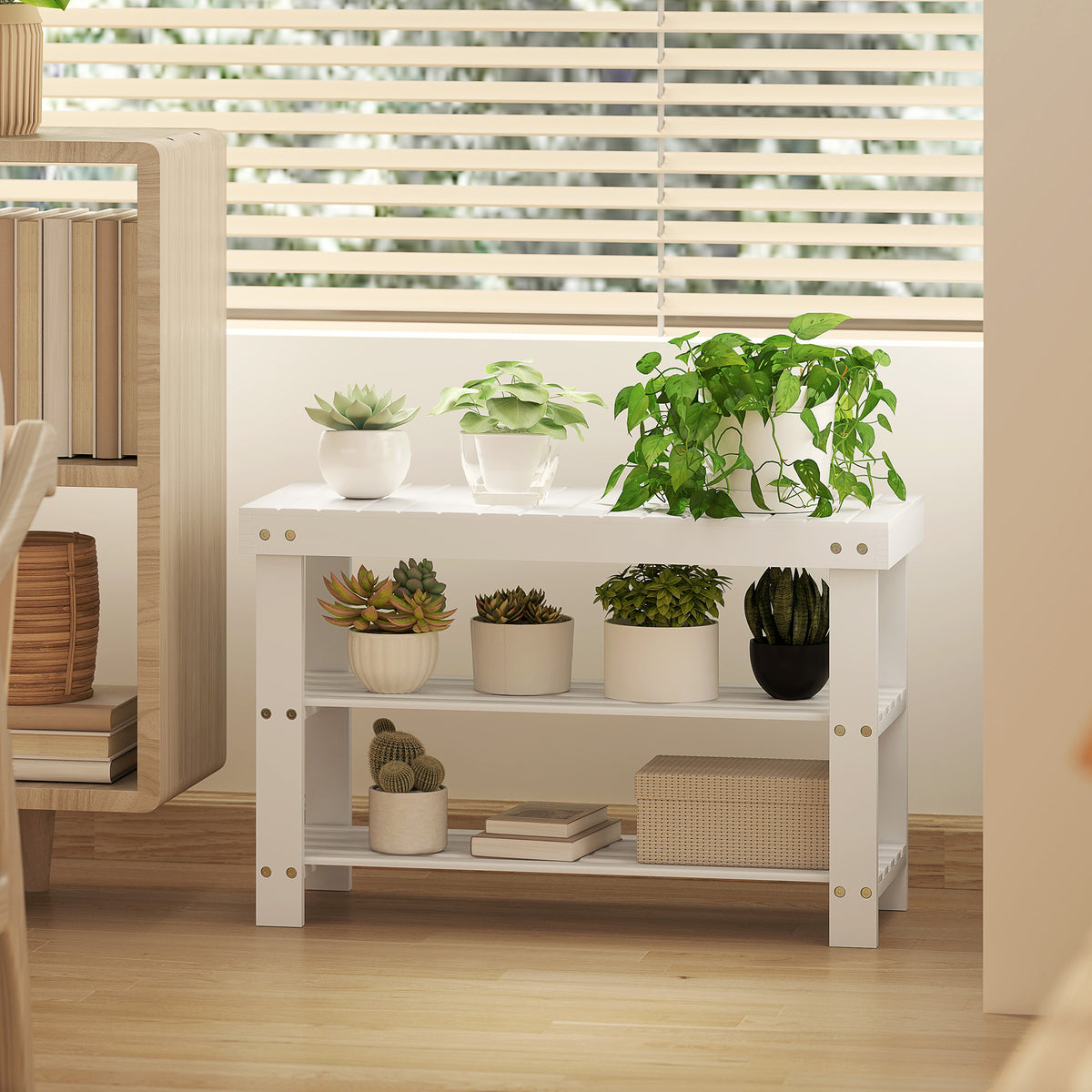 Banc à chaussures en bambou, étagère à chaussures à 3 niveaux, style scandinave, charge 136 Kg, 70 x 28 x 45 cm, blanc-7