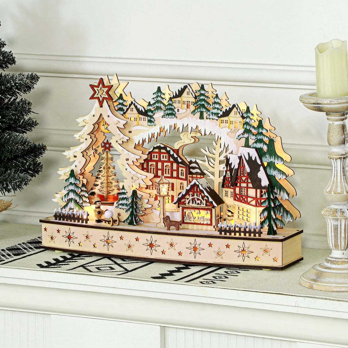 Villaggio di Natale in legno con 20 LED, paesaggio innevato, 45 × 12 × 30 cm