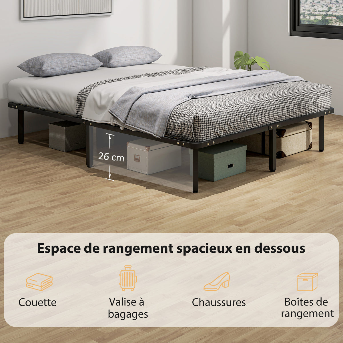 Cadre de lit 160 x 200 cm, lit 2 personnes avec sommier à lattes en bois massif et pied, avec rangement au-dessous, noir-4