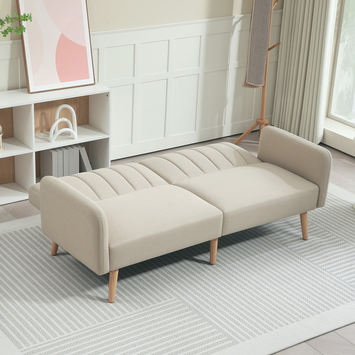 Canapé Convertible 2 Places Design scandinave Dossier inclinable 3 Positions Pieds Bois Tissu Aspect Lin Beige-6