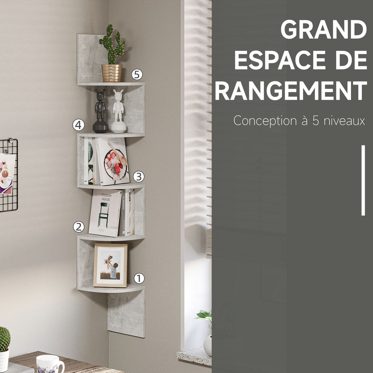 Étagère d'angle Murale de Rangement Forme Zigzag 20L x 20l x 126H cm 5 Niveaux Bois Gris-4
