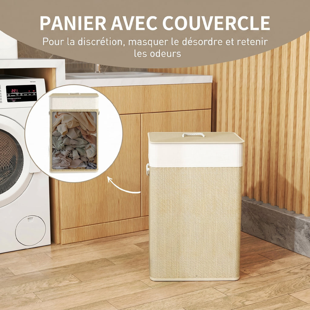 Panier à linge 72 L, corbeille à linge sale en bambou avec couvercle, poignées en corde, doublure amovible, crème-4