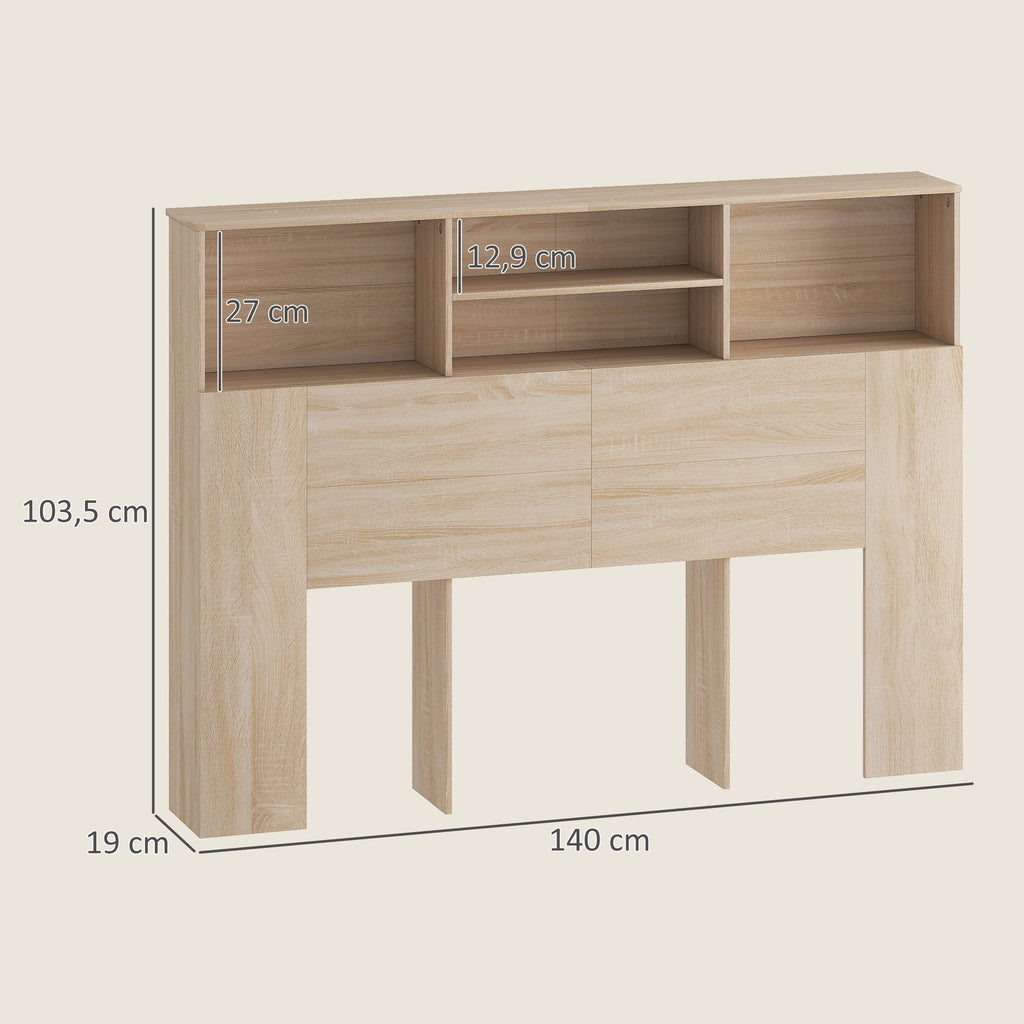Tête de lit sur pied avec rangements, accessoire de lit 4 compartiments ouverts, 140 x 19 x 103,5 cm, effet bois naturel-2