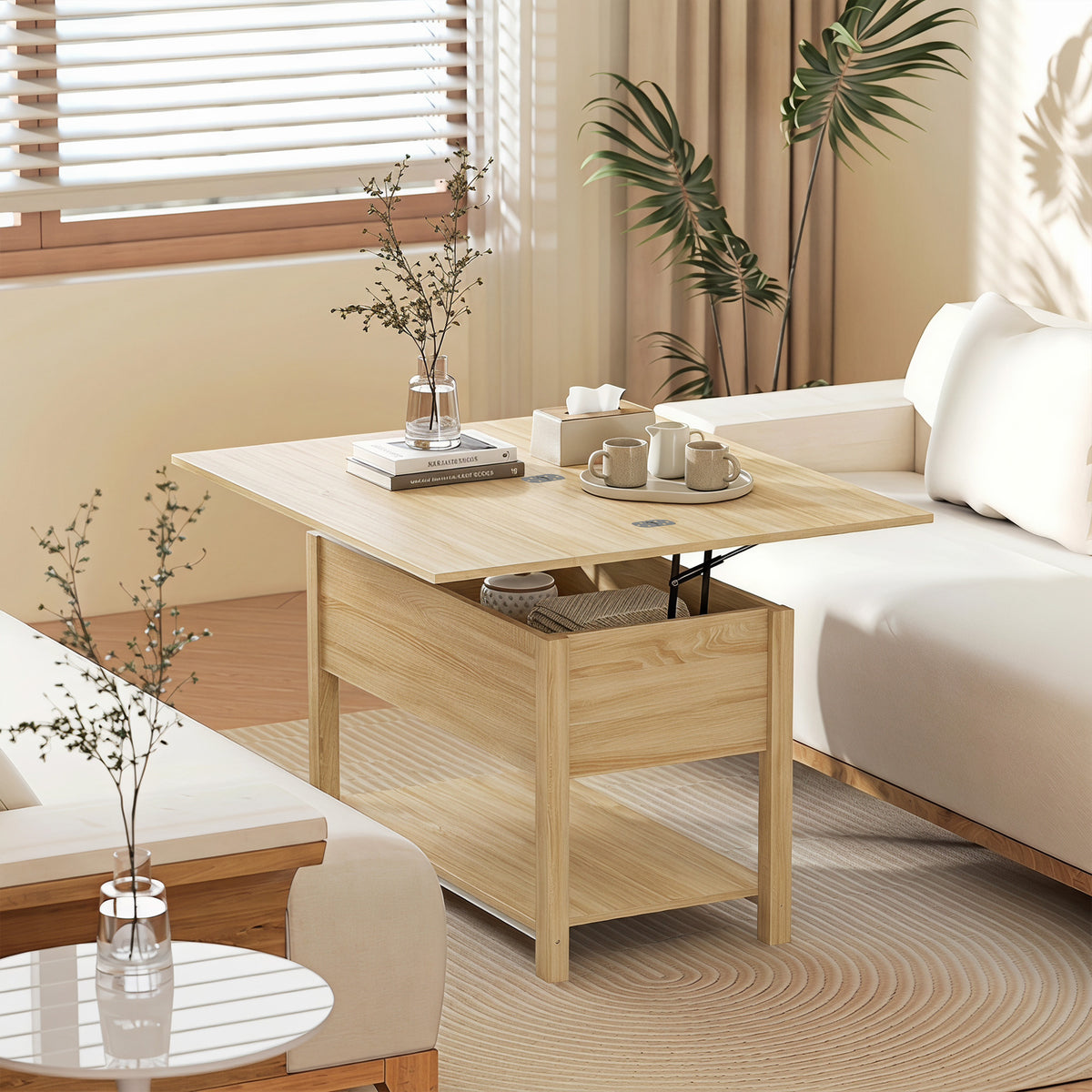 Table basse relevable et extensible table de salon avec compartiment caché étagère ouverte 100x45x50,5cm bois naturel-8