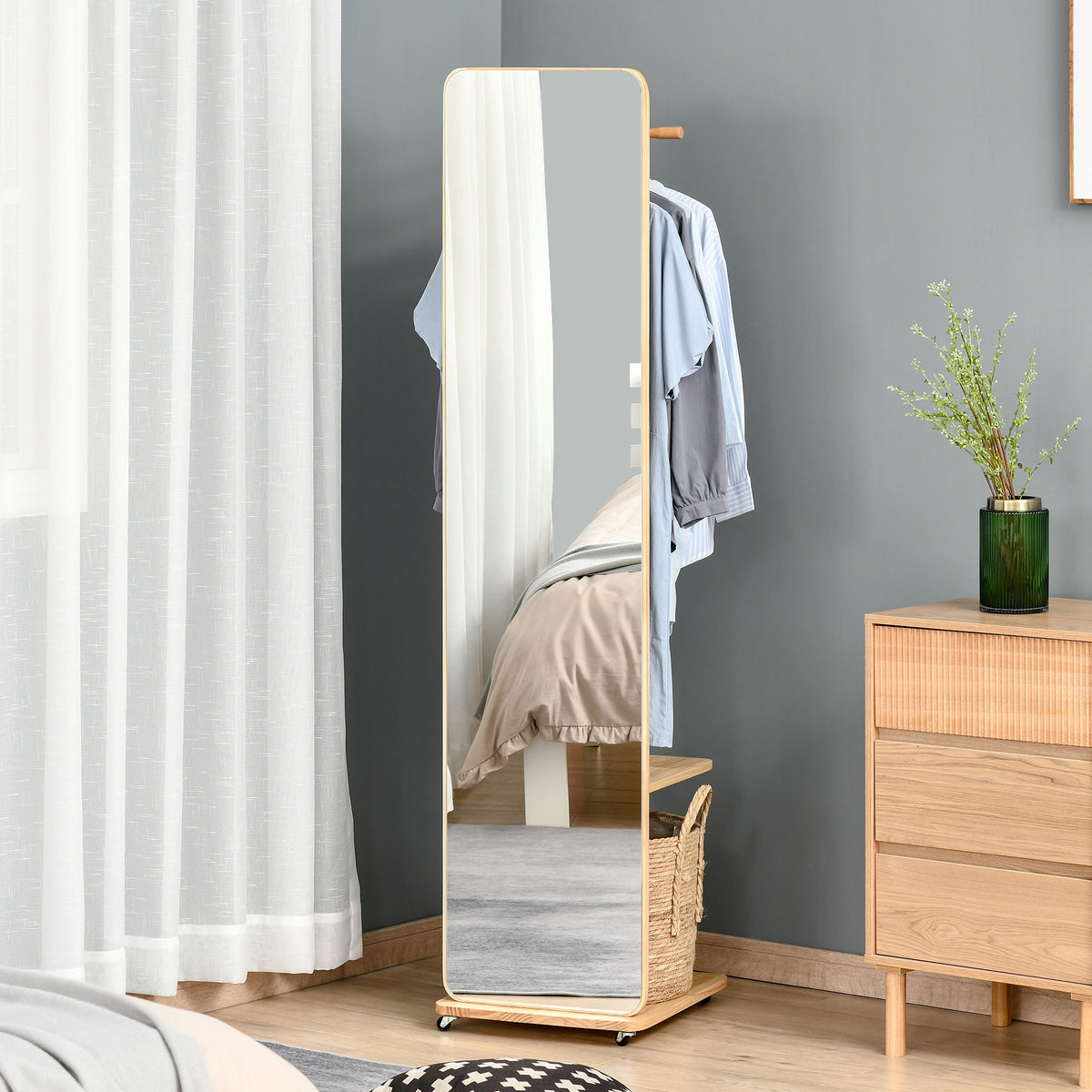 Miroir sur Pied avec roulettes - Portant, 4 patères étagère MDF Aspect Bois Clair-9