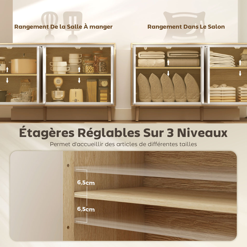 Buffet à haute brillance, meuble de rangement avec 4 portes, étagères réglables, 141 x 35 x 77 cm, blanc et chêne-4