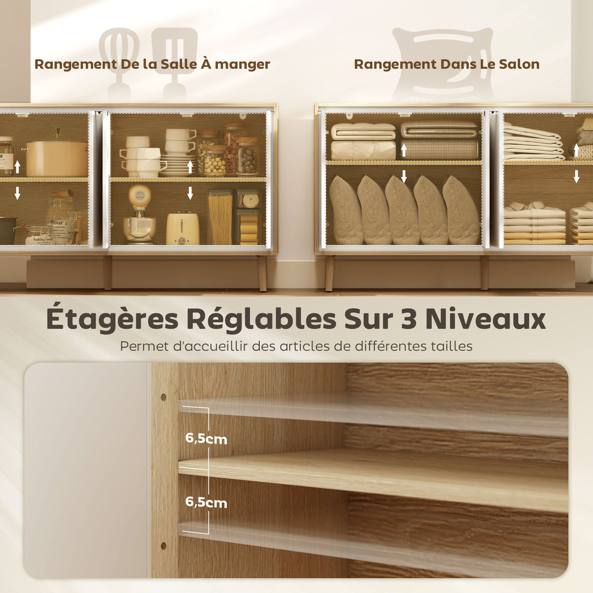 Buffet à haute brillance, meuble de rangement avec 4 portes, étagères réglables, 141 x 35 x 77 cm, blanc et chêne-4