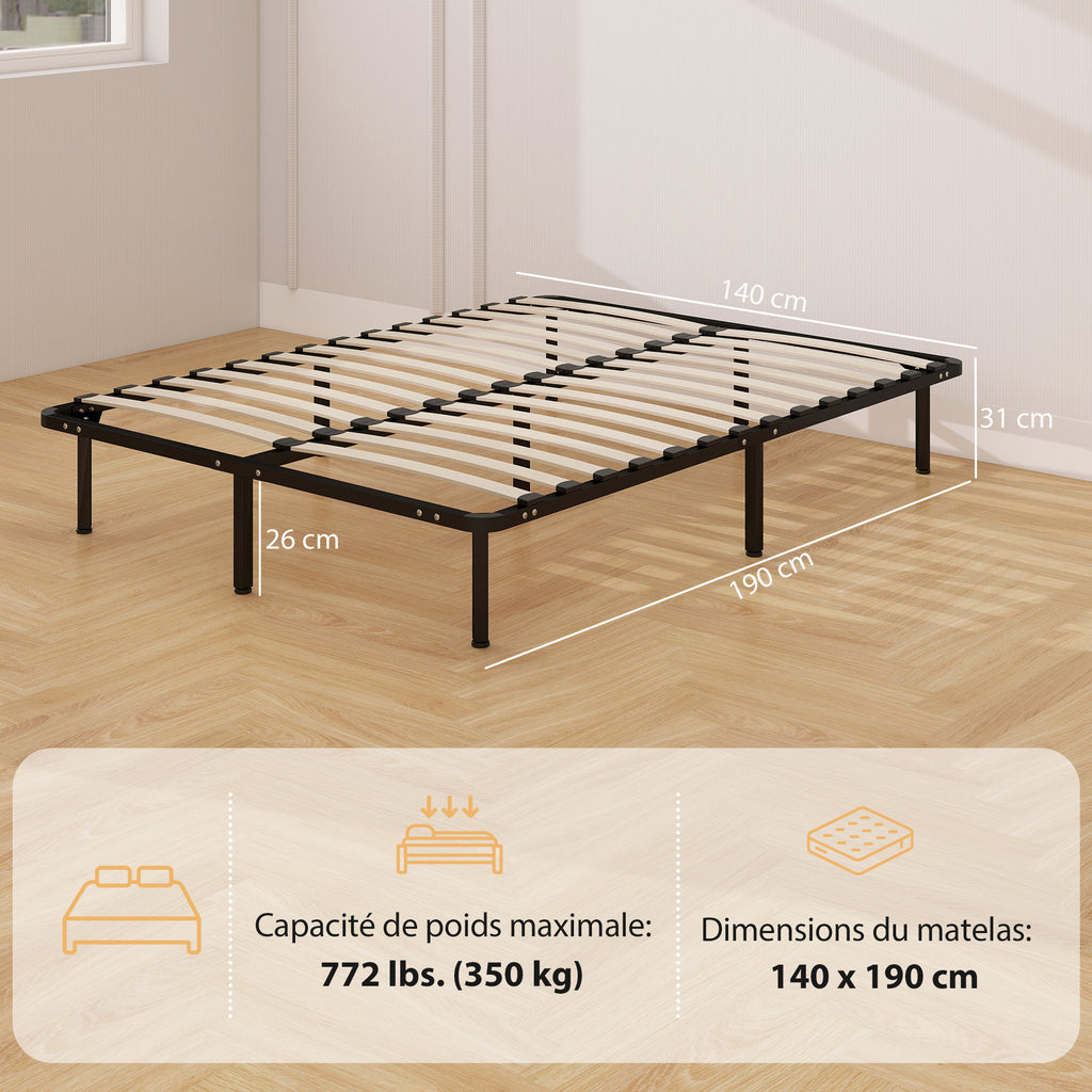 Cadre de lit 140 x 190 cm, lit 2 personnes en bois massif avec sommier à lattes et pied, rangement au-dessous, noir-2