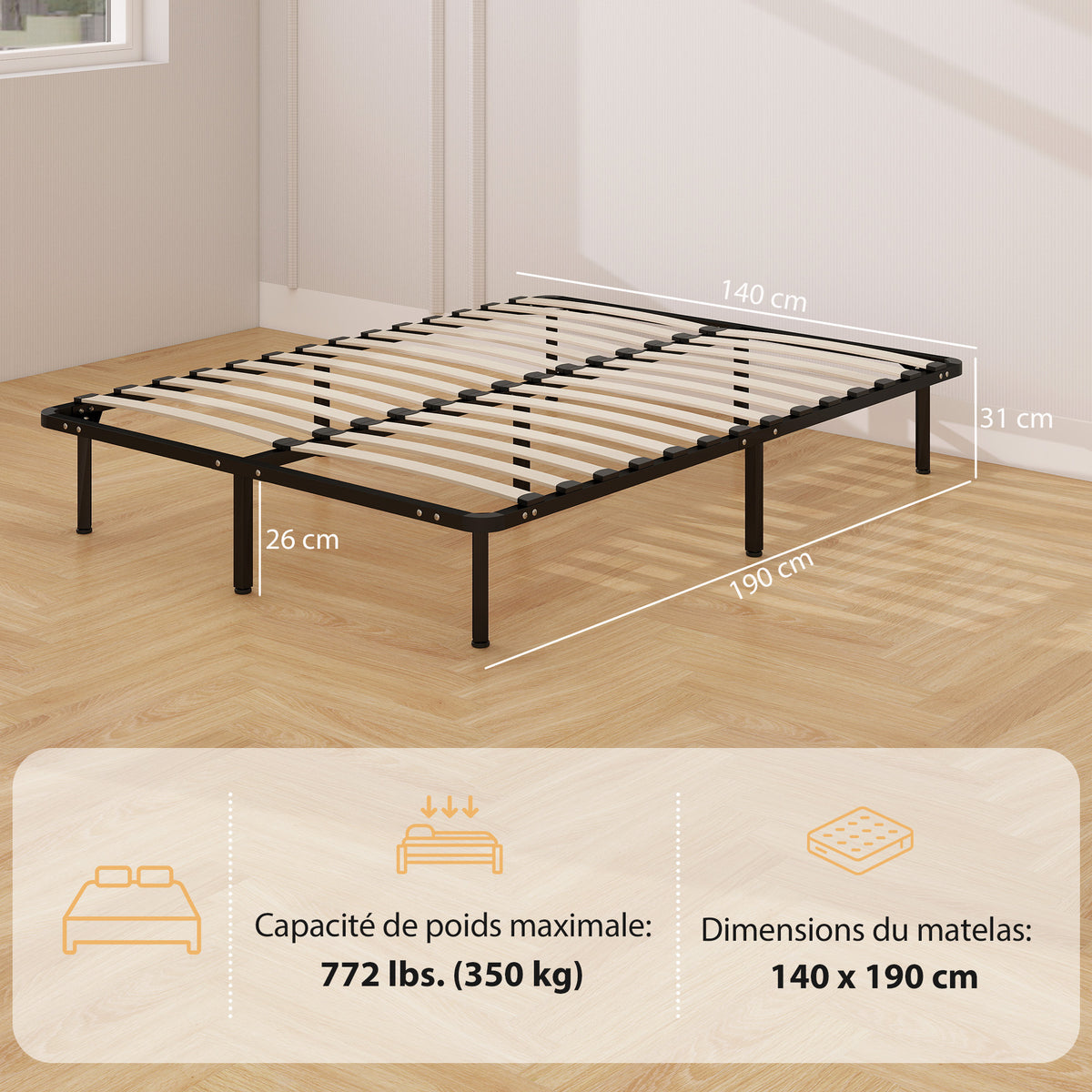 Cadre de lit 140 x 190 cm, lit 2 personnes en bois massif avec sommier à lattes et pied, rangement au-dessous, noir-2