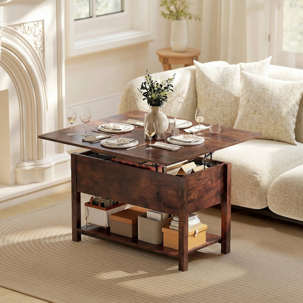 Table basse relevable et extensible table de salon avec compartiment caché étagère ouverte 100x45x50,5cm brun rustique-1