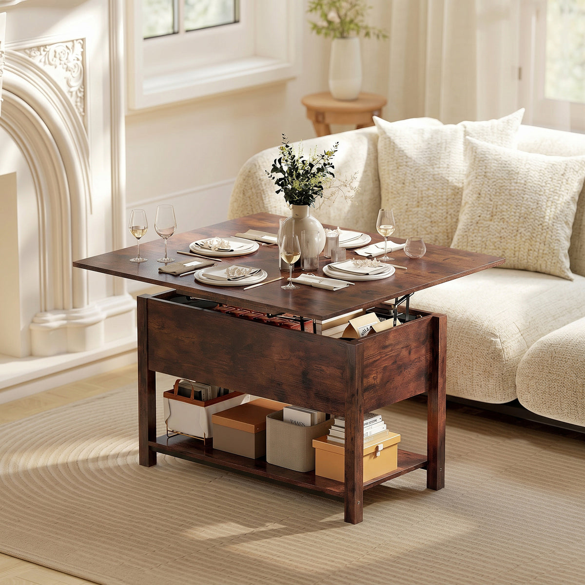 Table basse relevable et extensible table de salon avec compartiment caché étagère ouverte 100x45x50,5cm brun rustique-1