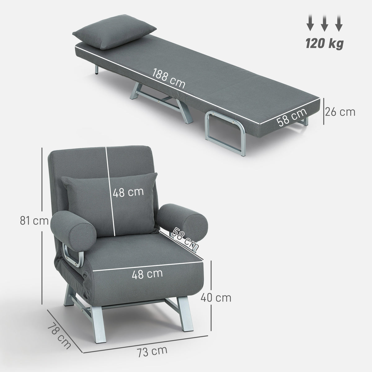 Fauteuil Convertible 1 Place, Fauteuil-Lit Pliable Rembourré en Lin avec Dossier Réglable, Oreiller, Gris Foncé-2