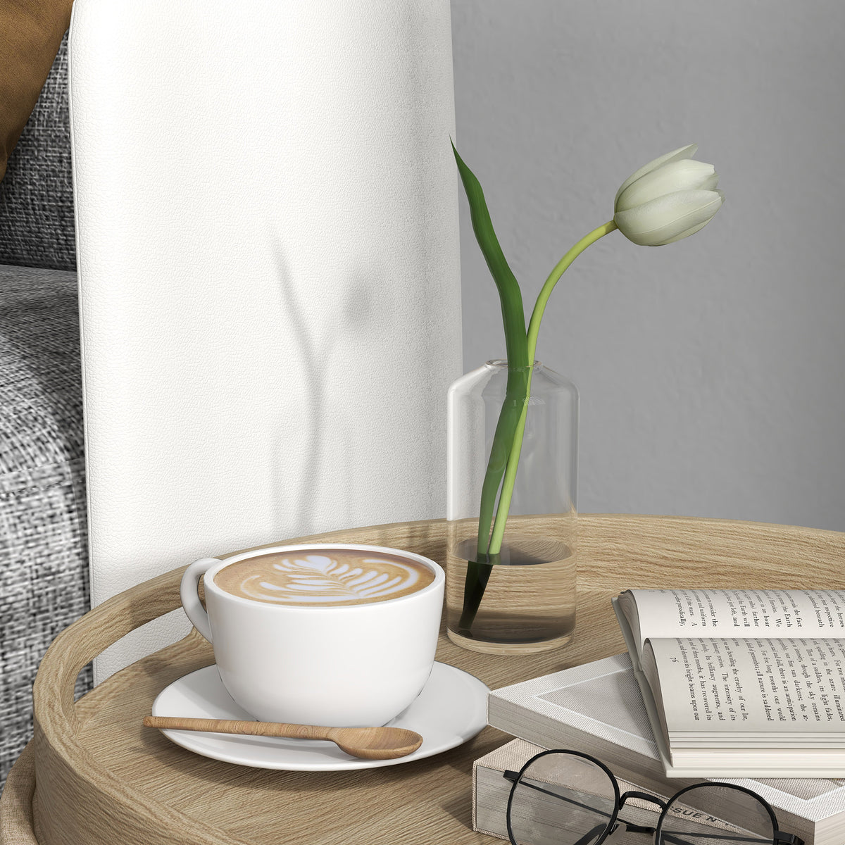 Pouf rond repose-pieds tabouret avec coffre de rangement, plateau réversible, meuble 3 en 1 pied en bois beige-7