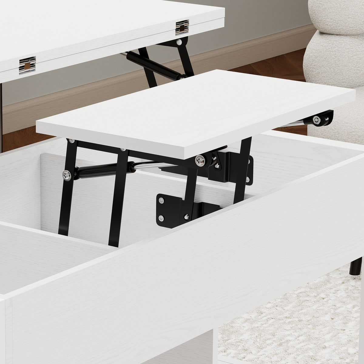 Table basse relevable et extensible, table de salon avec compartiment caché étagères ouvertes, 98x49x55cm, blanc-8