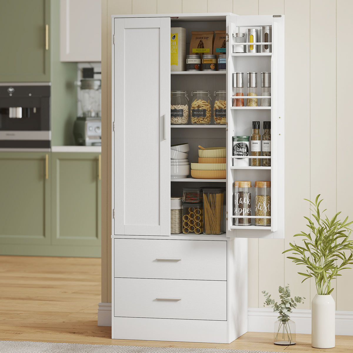 Buffet haut cuisine, armoire de cuisine, 2 portes, 8 porte-épices, 2 tiroirs, étagères réglables, 60x40x159cm, blanc-1