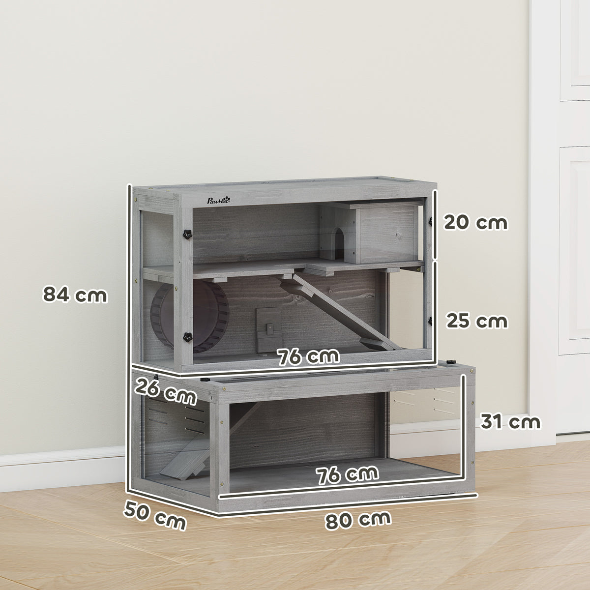 Gabbia per criceti in legno a 3 livelli con casetta e ruota, 80 × 50 × 84 cm, grigia-2