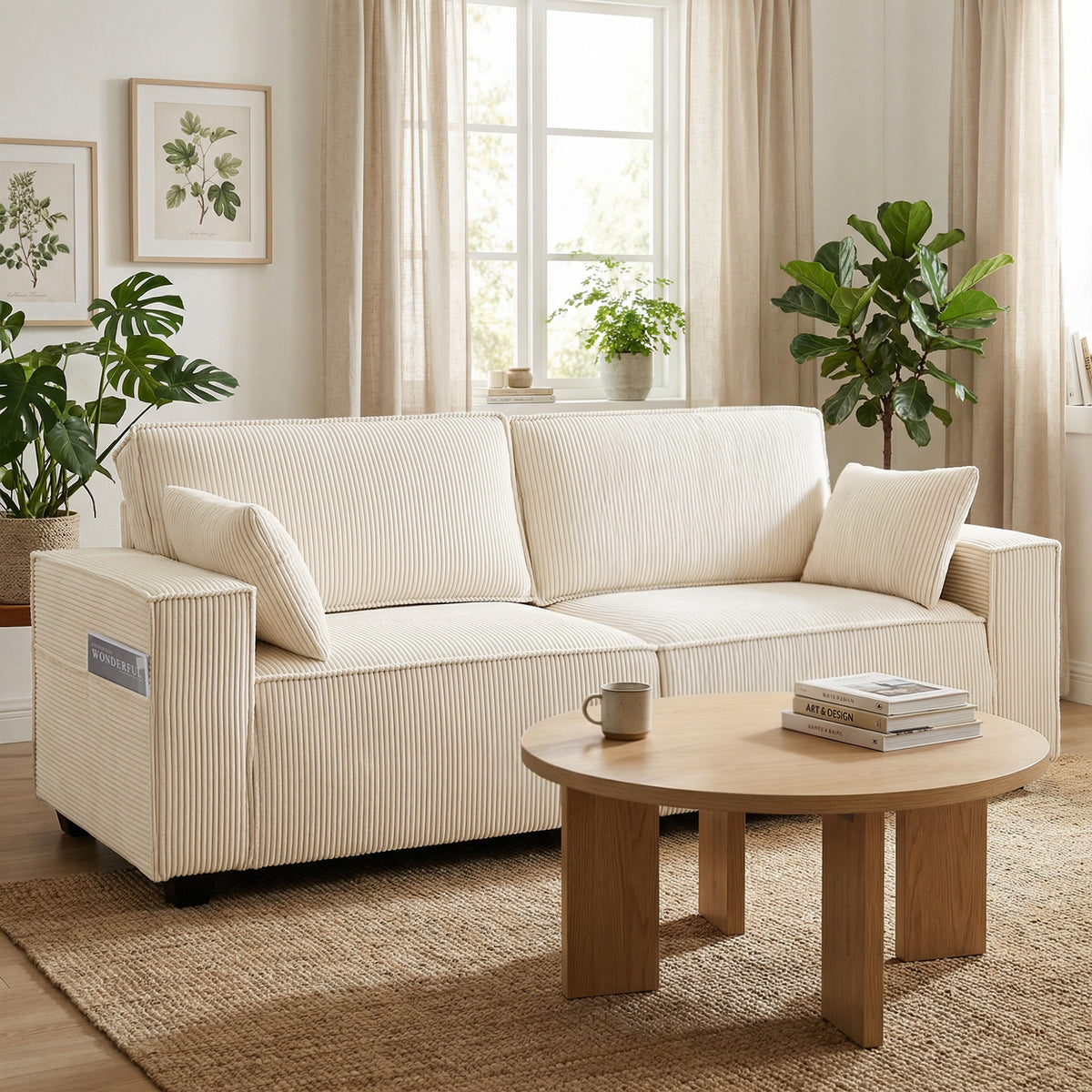 Canapé 3 places en velours côtelé 218 cm, canapé salon,  coussins à ressorts, larges accoudoirs, 2 coussins, beige-9