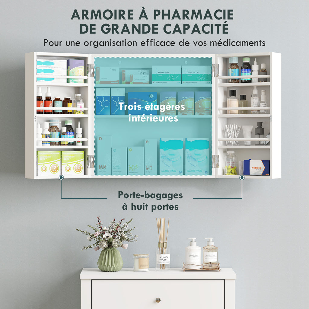 Armoire à pharmacie murale, armoire à médicaments avec double porte verrouillable 2 clés, 53x20x53cm, blanc-3