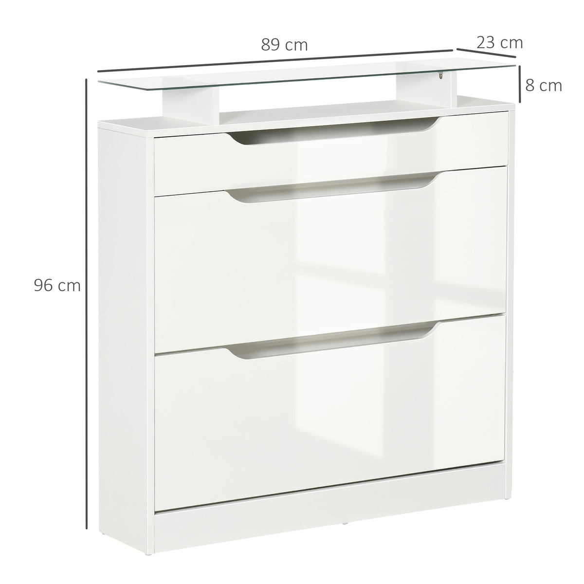 Armoire à Chaussures avec 2 Tiroirs Rabattables + 1 Tiroir Coulissant + 1 Comptoir et 1 Plateau en Verre blanc-2