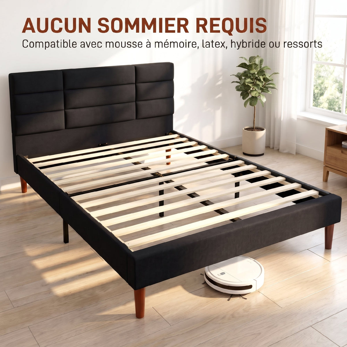 Cadre de Lit 140 x 200 cm avec Sommier Bois, Lit Double Rembourré en Effet Lin, Rangement au-dessous, Sans Bruit, Noir-6