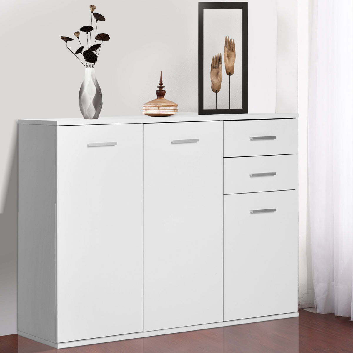 Buffet salon à haut brillance, meuble de rangement avec 2 tiroirs, 3 portes et étagère réglable, style contemporain, buffet salle à manger et cuisine, 106 x 35 x 76 cm, blanc-6