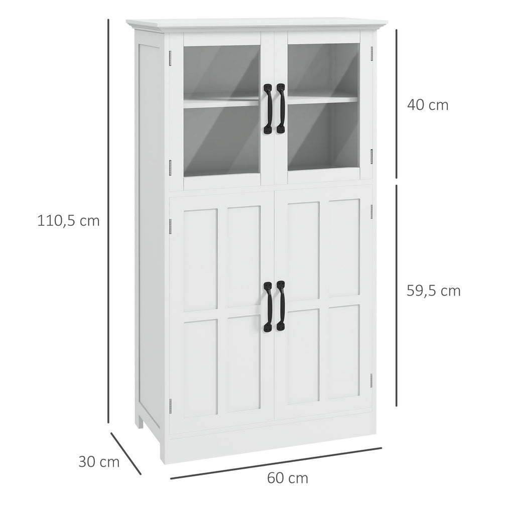 Buffet de cuisine armoire multi-rangements 2 placards, portes en verre, 4 étagères en bois blanc-2