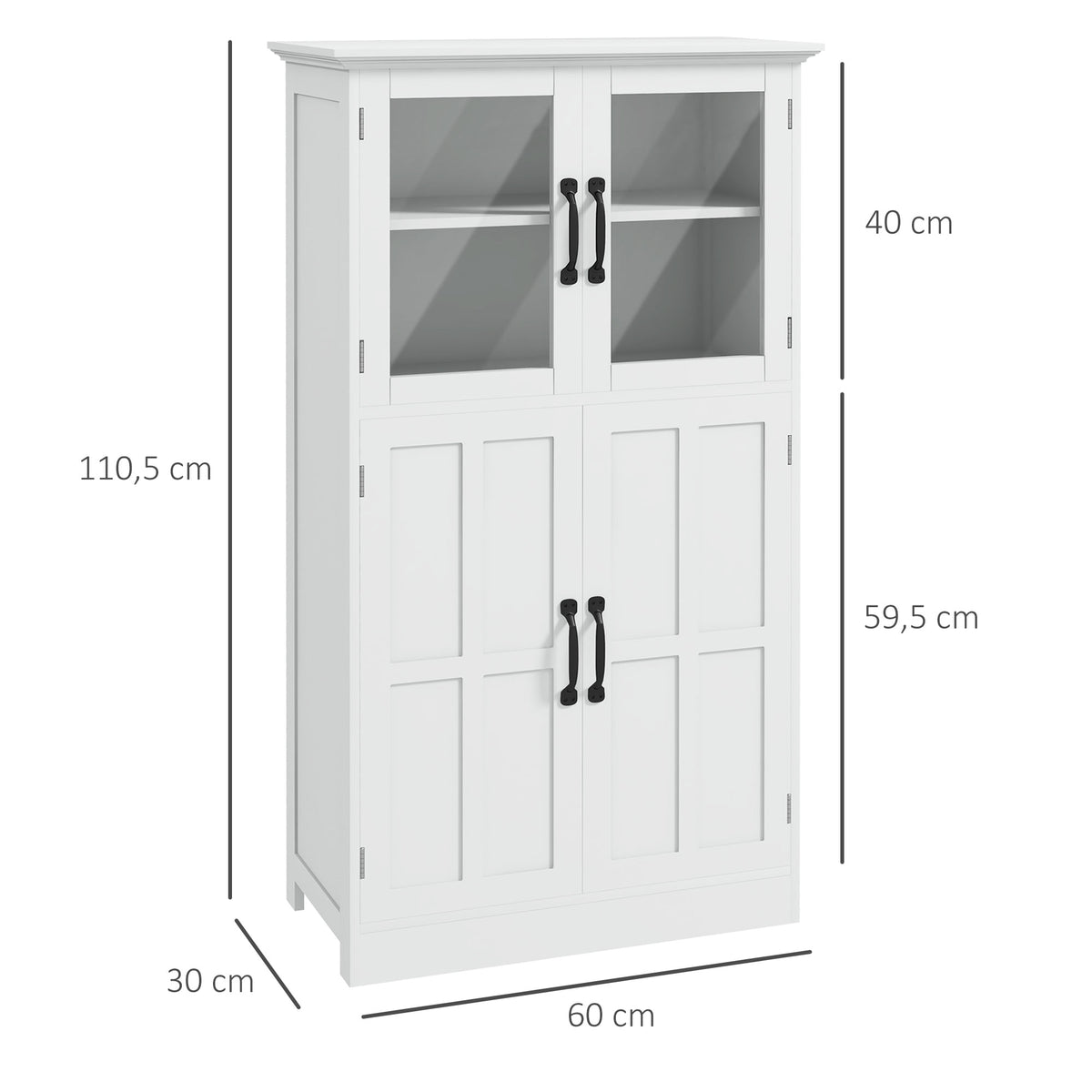 Buffet de cuisine armoire multi-rangements 2 placards, portes en verre, 4 étagères en bois blanc-2