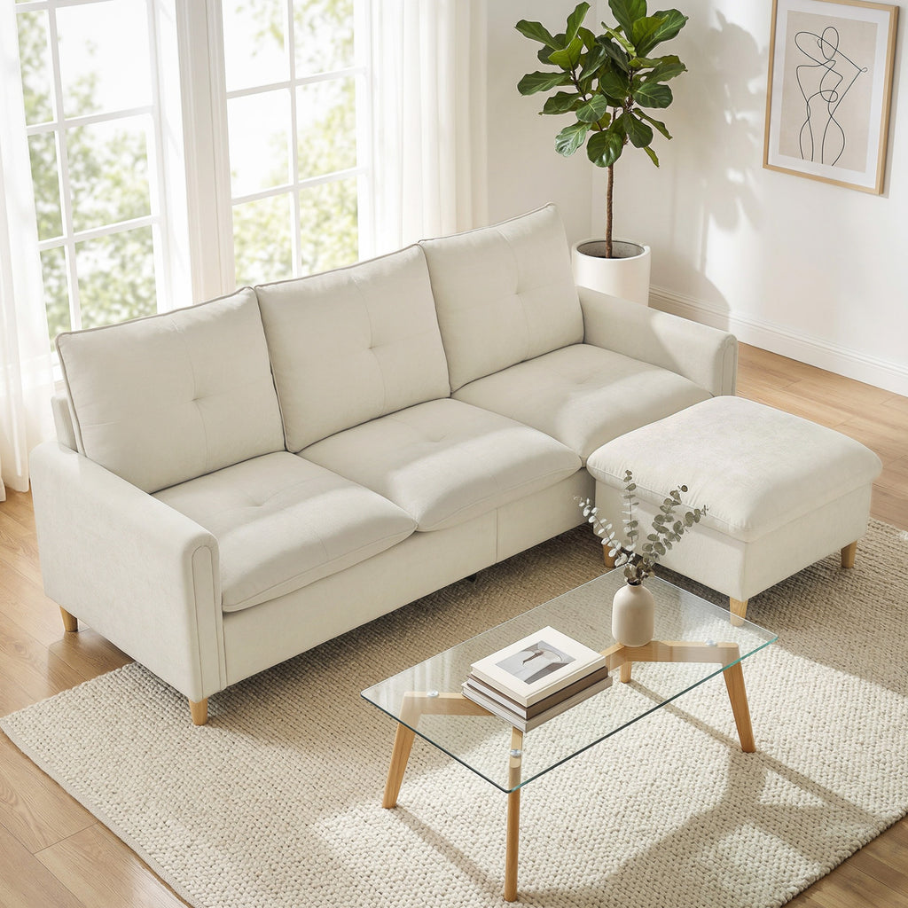 Canapé 3 places avec pouf de rangement, canapé d'angle modulable 210 cm, assise large, tissu aspect lin, crème-1