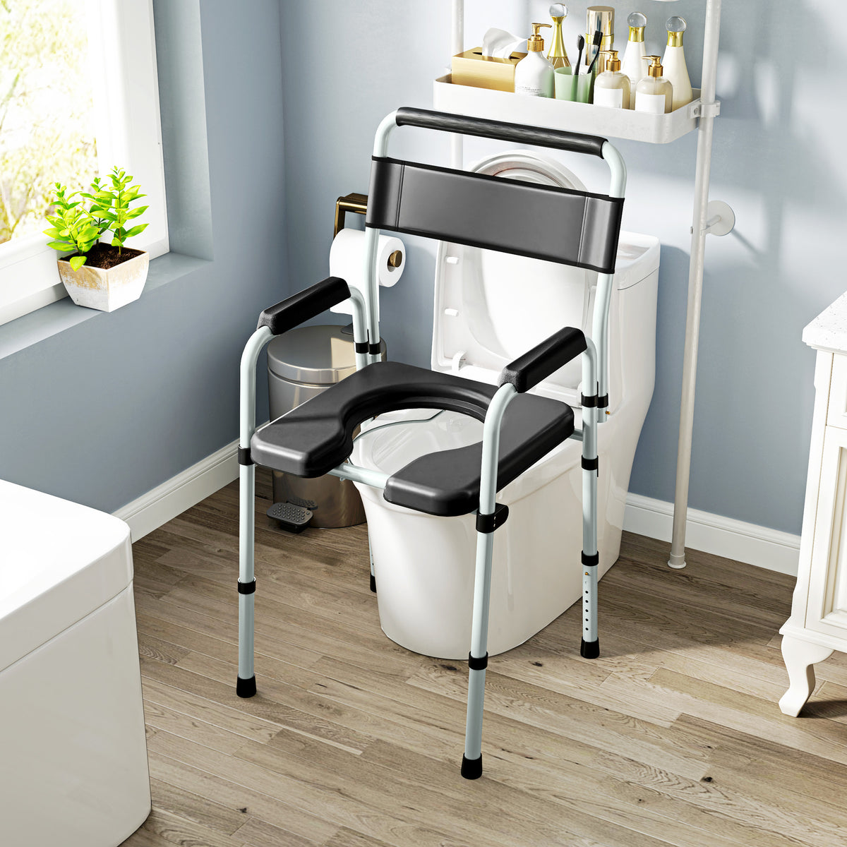 Chaise percée toilette pliable antidérapante hauteur réglable, siège et accoudoirs rembourrés, charge 150 kg, noir-7