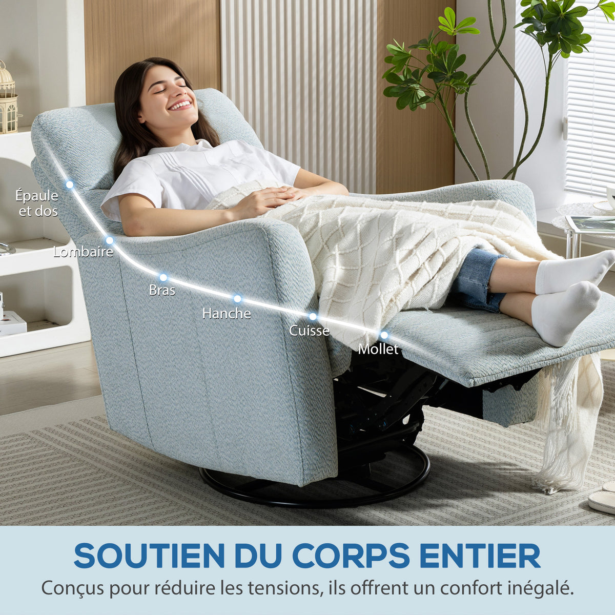 Fauteuil inclinable, fauteuil de relaxation avec repose-pieds, pivotant à 360°, basculant, 82 x 90,5 x 101 cm, gris-bleu-7