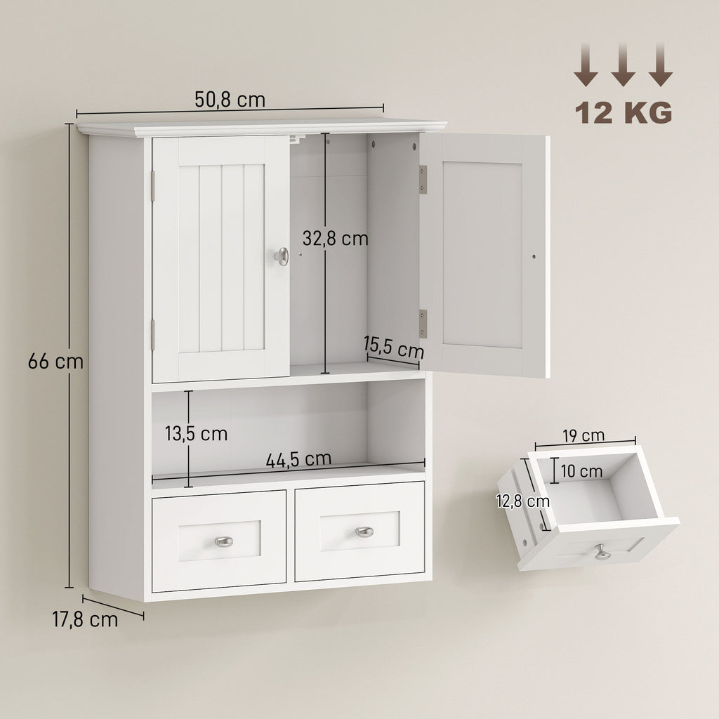 Armoire murale de salle de bain, armoire de toilette, avec portes, étagère, 2 tiroirs, 50,8l x 17,8P x 66H cm, blanc-2
