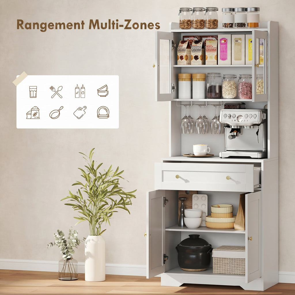 Buffet Haut Cuisine, Armoire de Cuisine, 4 Portes, Tiroir, Plan de Travail et Étagères Réglables, Blanc-3
